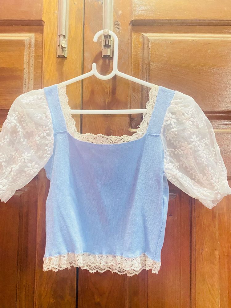 Blue Puff Sleeve Lace Crop Top