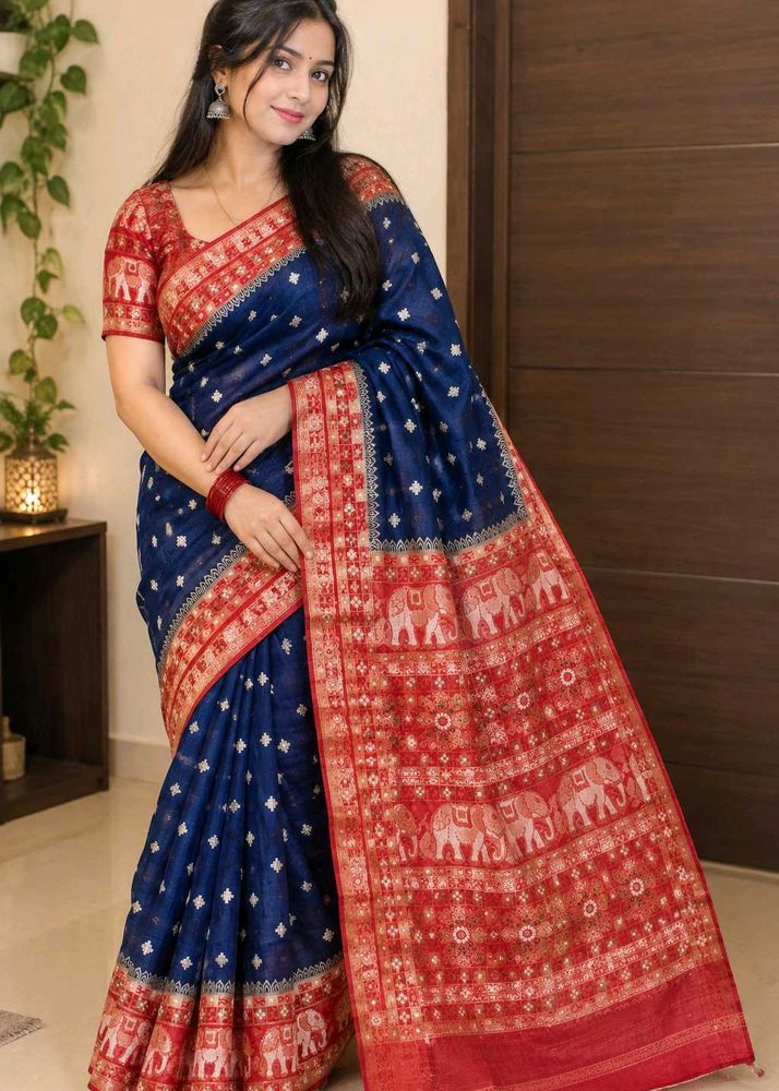 Elegant Blue Silk Saree with Elephant Motif