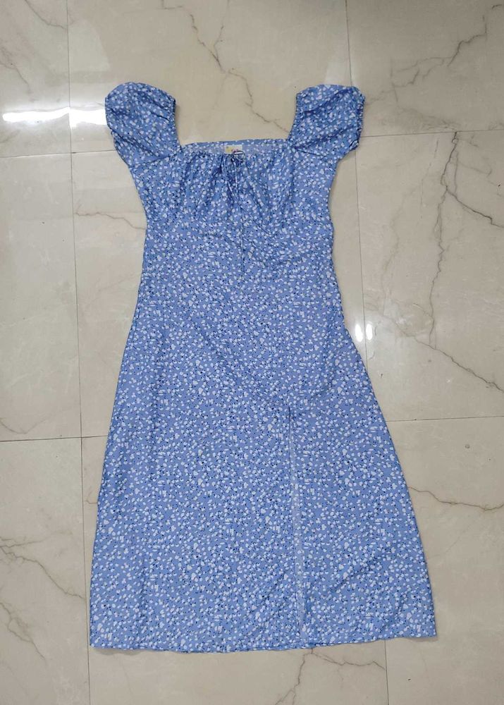 Blue Floral Puff Sleeve Slit Dress