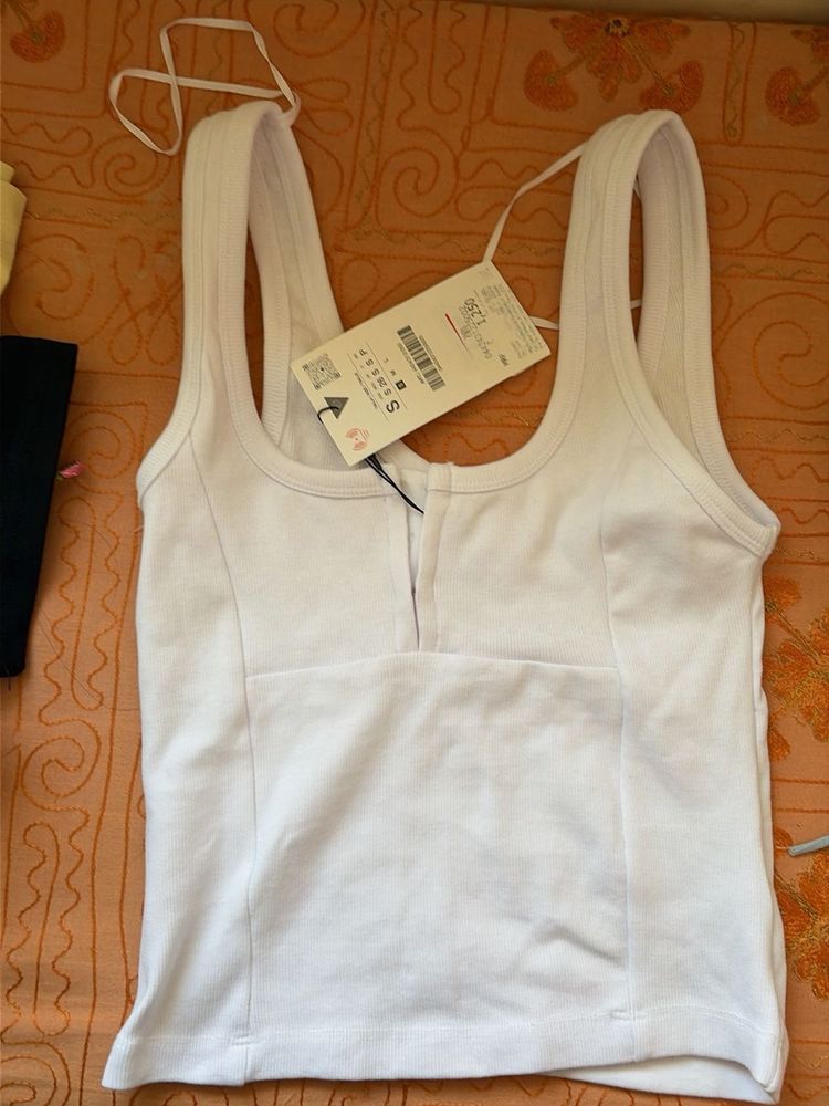 ZARA White Ribbed Tank Top