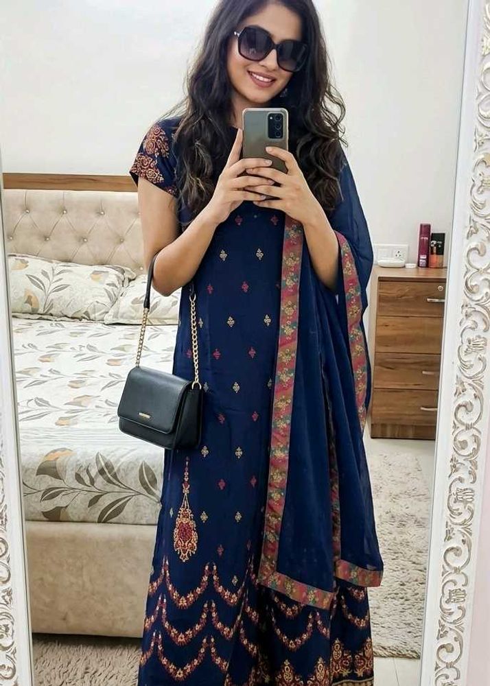 Anouk Blue Embroidered Kurta Set with Dupatta