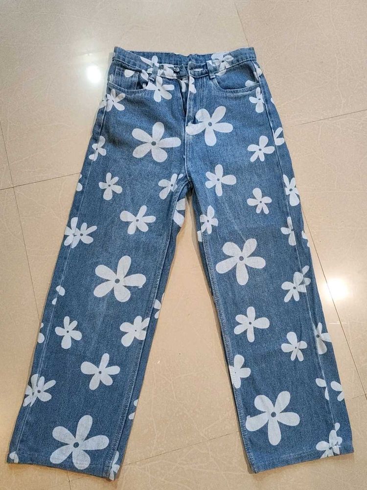 Daisy Print Wide Leg Jeans