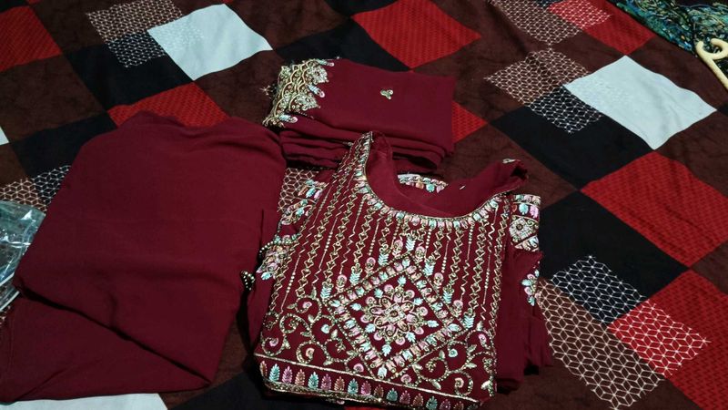 Embroidered Maroon Kurti   plazo