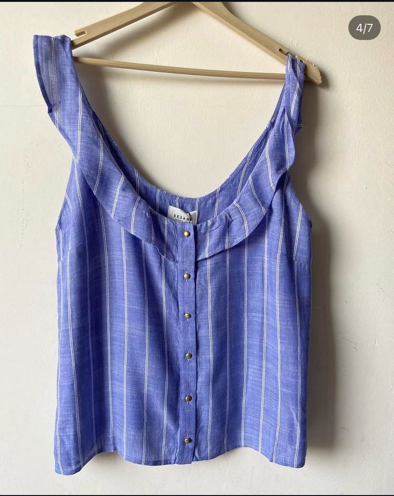 Blue Striped Ruffle Button-Up Top
