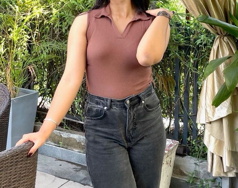 Women Brown Ribbed Collared Top