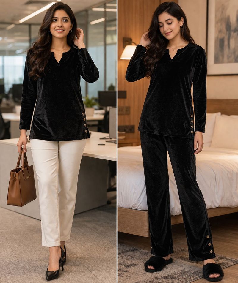 Black Velvet Button Detail Top