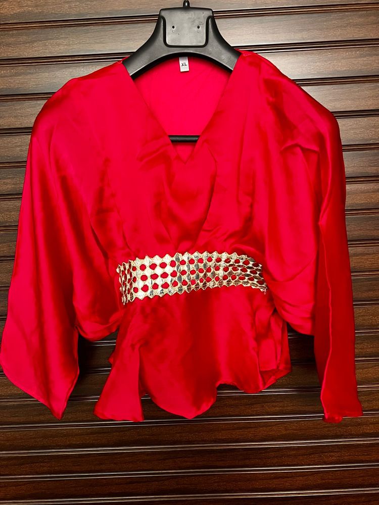 Stunning Red Peplum Blouse with Embellished Belt