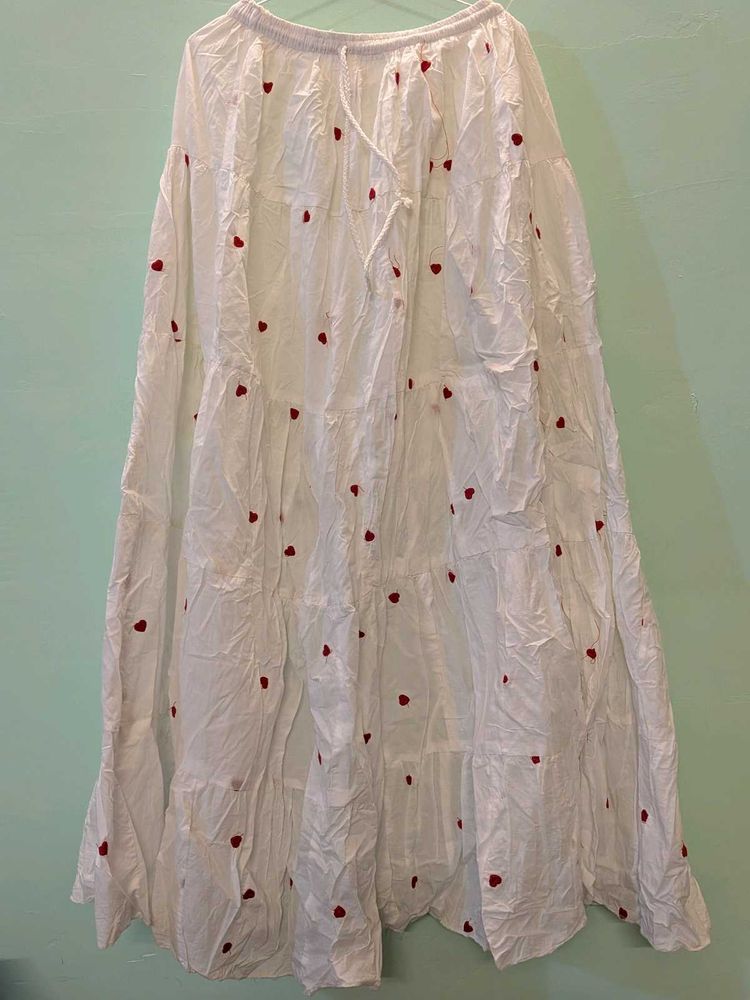 White Pinteresty Tiered Maxi Skirt with Red Hearts