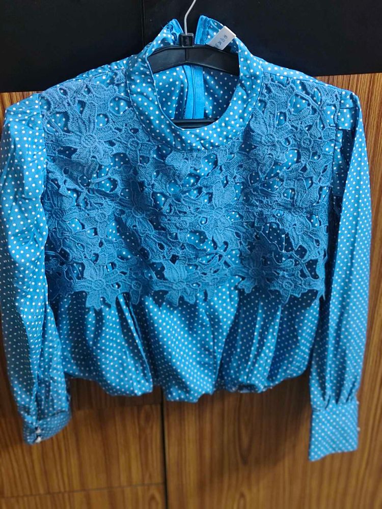 Blue Polka Dot Lace Top