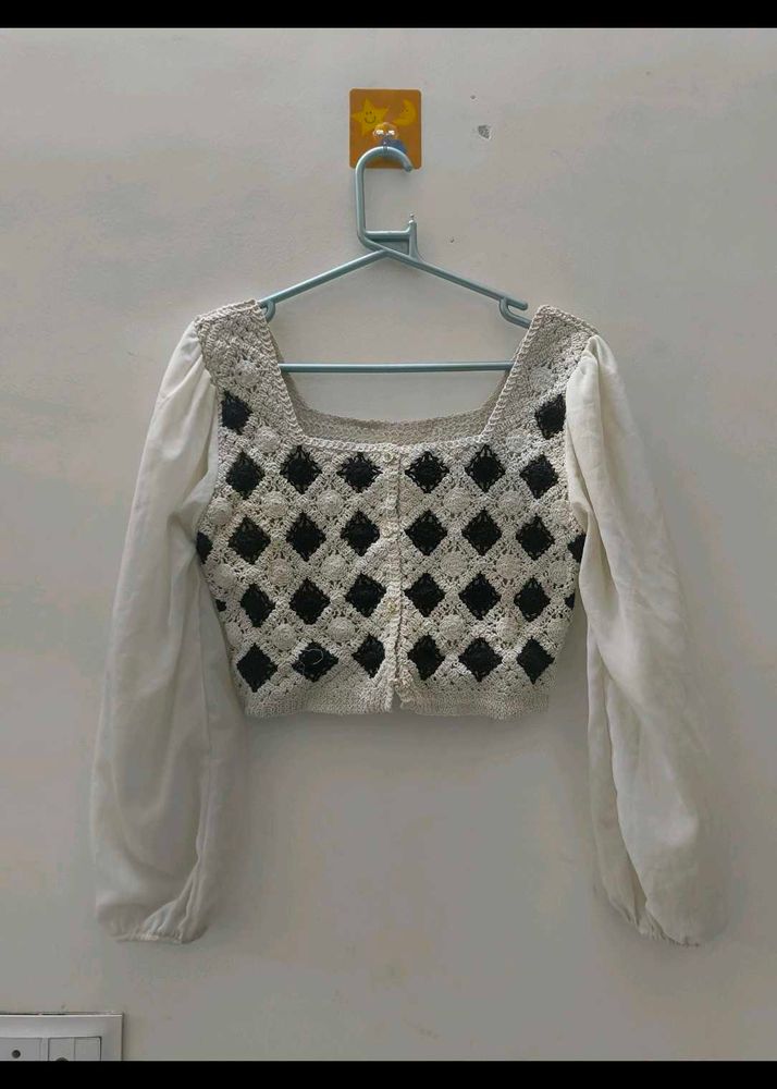Crochet Crop Blouse with Puff Sleeves
