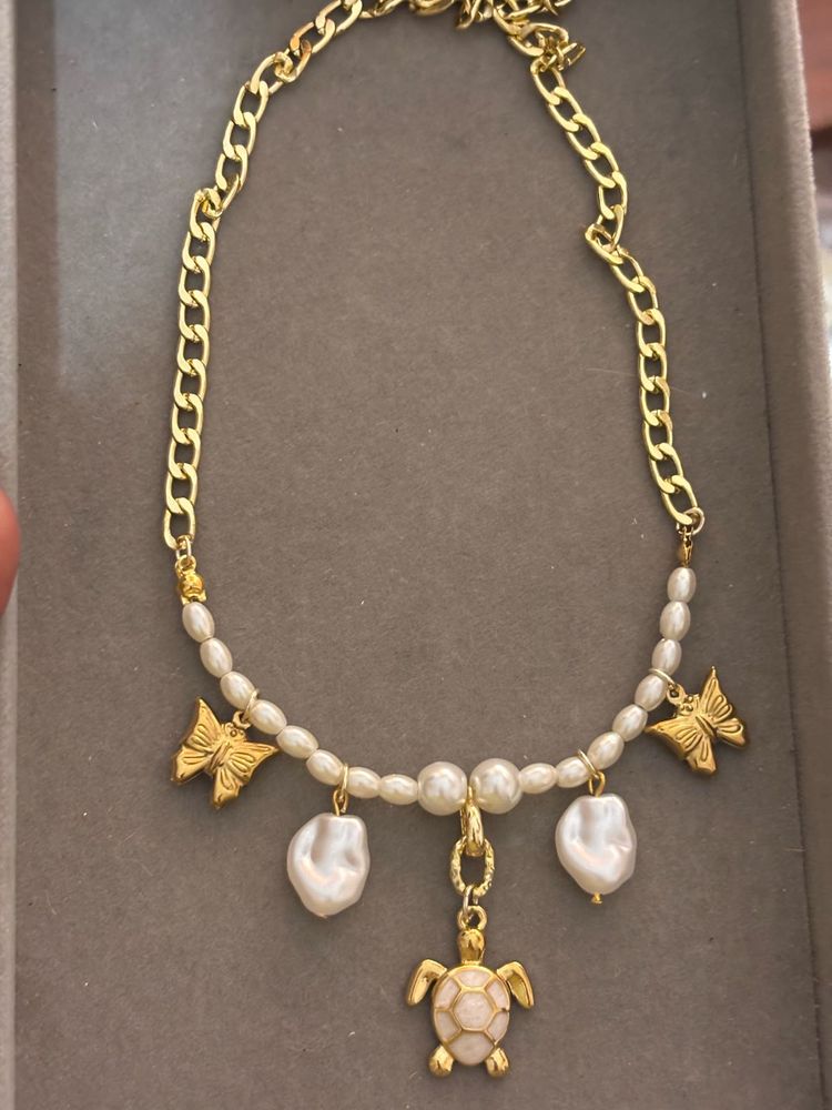 Gold Tone Pearl &amp; Turtle Necklace