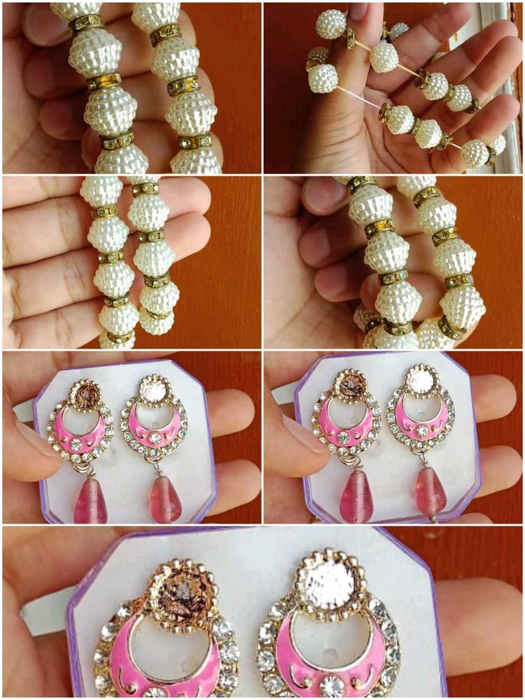 Charming Pearl &amp; Pink Stone Jewellery Set