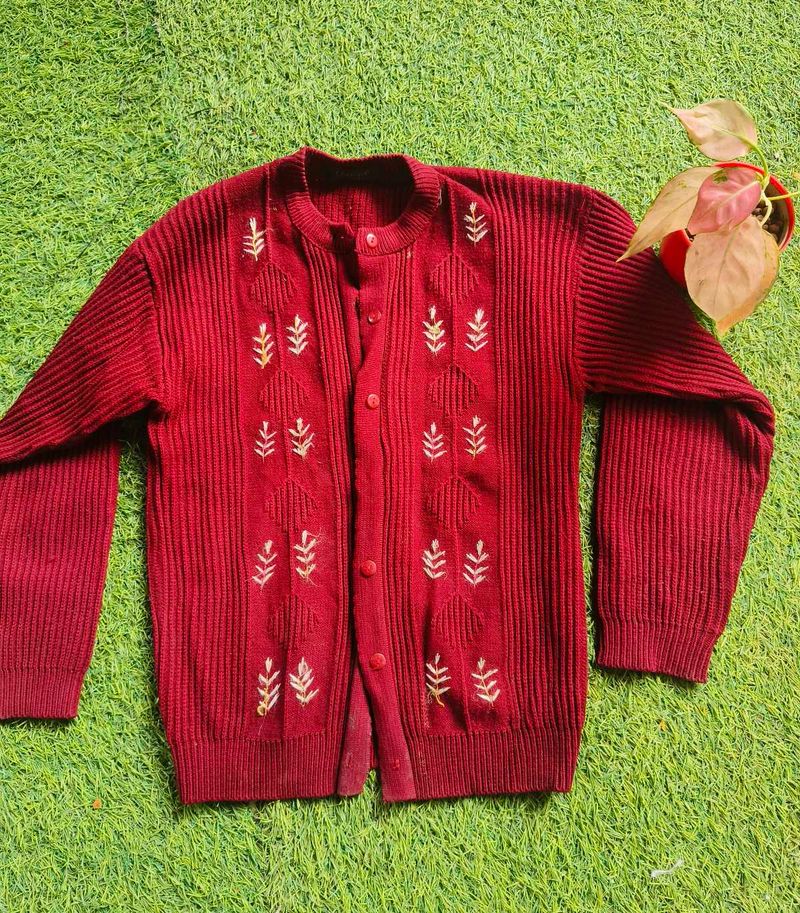 Maroon Embroidered Cardigan