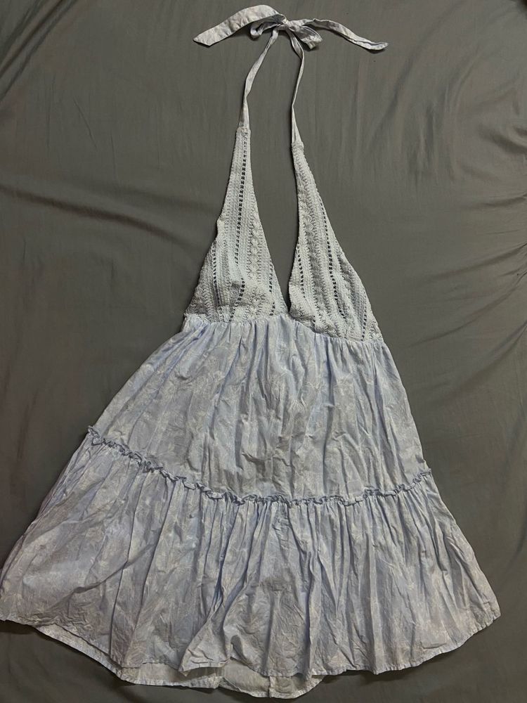 Blue Halter Neck Tiered Dress