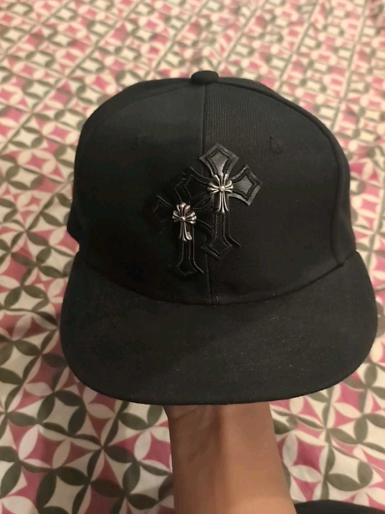 Fitted Black Baseball Cap with Cross Emble
