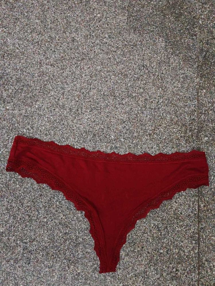 Lace Trimmed Thong Panty - Red