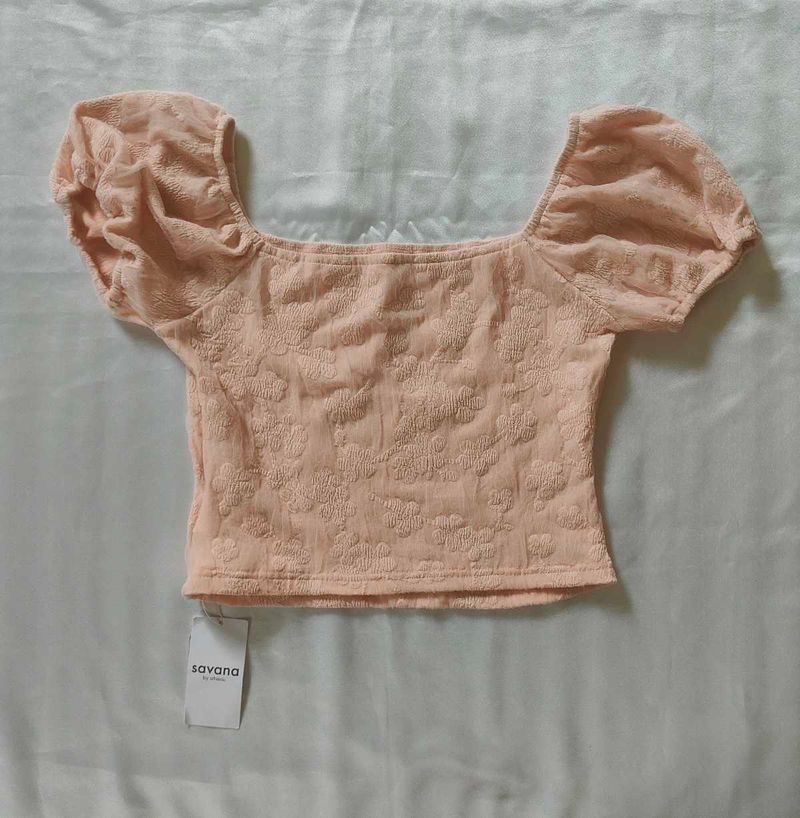 Peach Puff Sleeve Textured Top