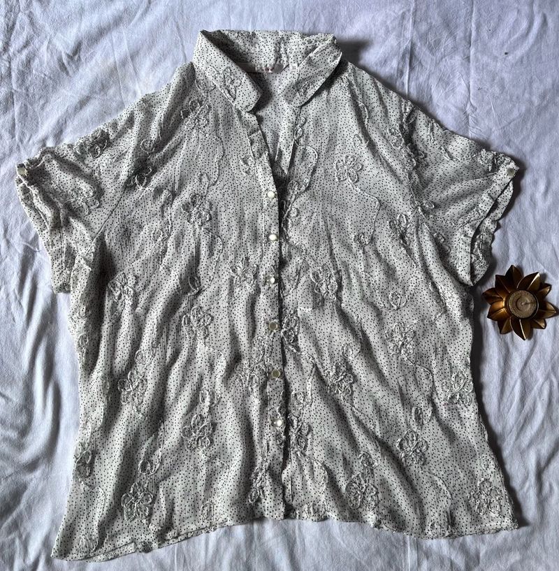 White Polka Ruffled Halfsleeve Baggy Shirt