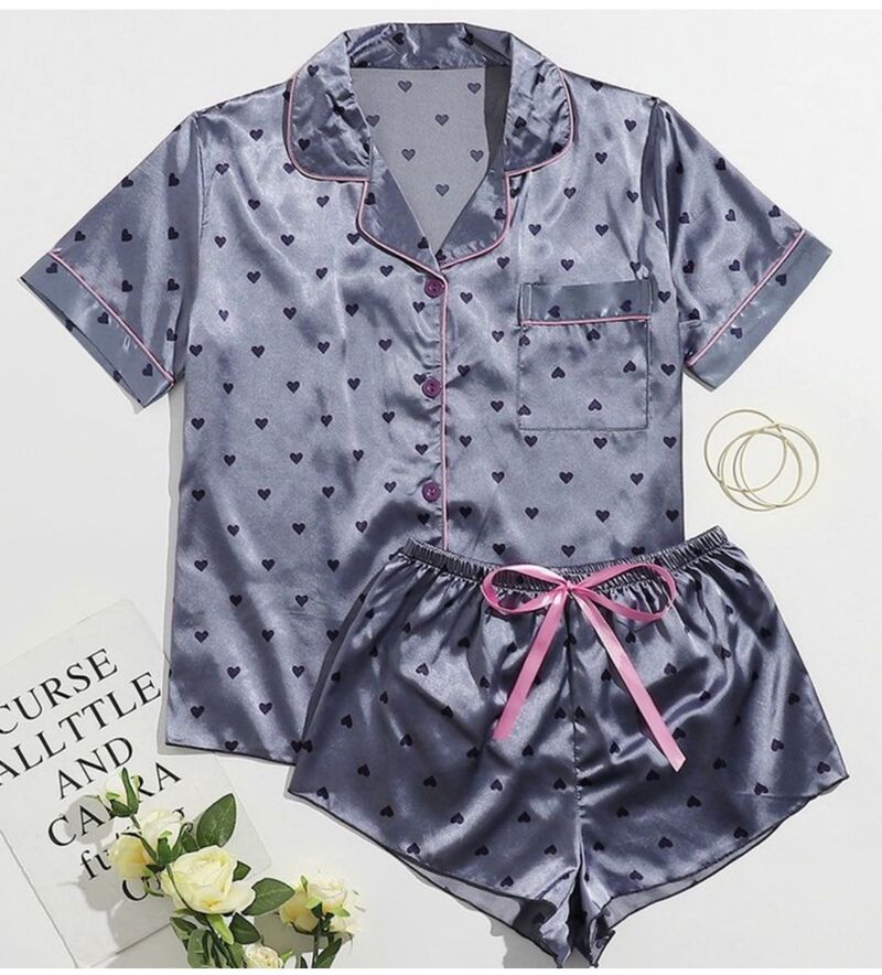 Satin Heart Print shorts Top set
