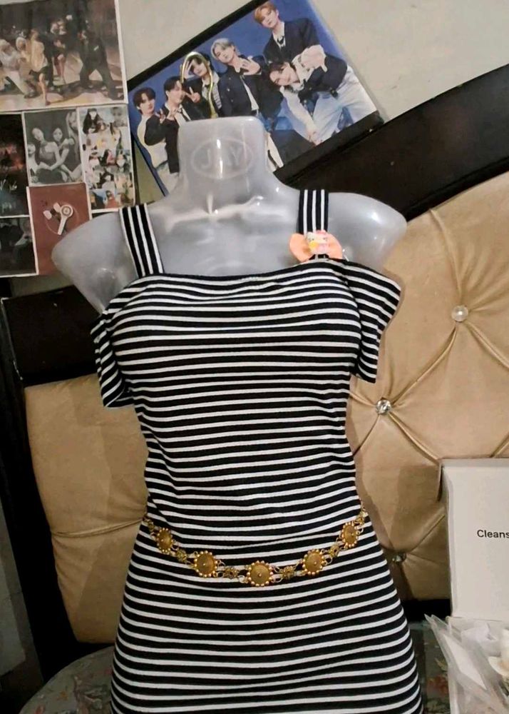 Striped Cold Shoulder Top with Belt
