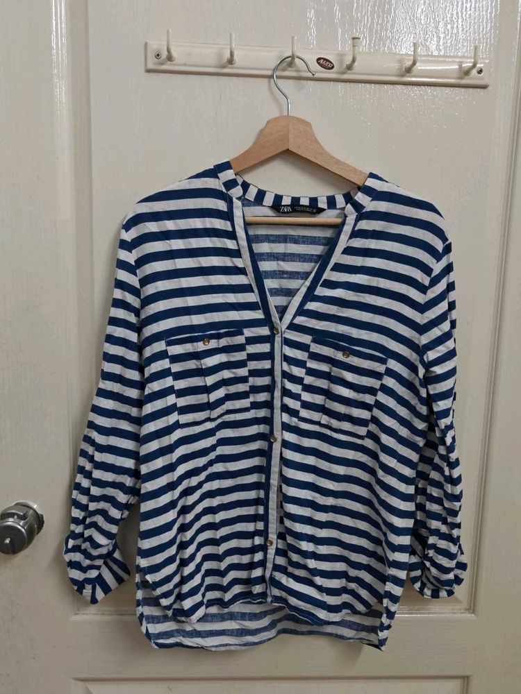 Zara striped V-Neck Button-Up Shirt