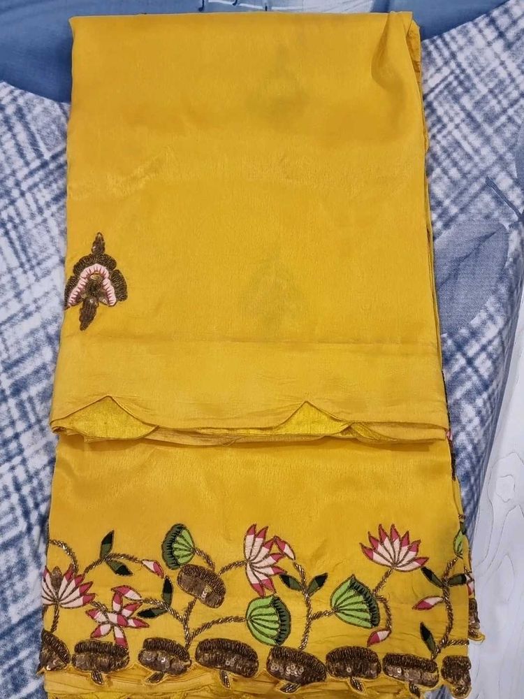 Yellow Embroidered Saree With Green Blouse