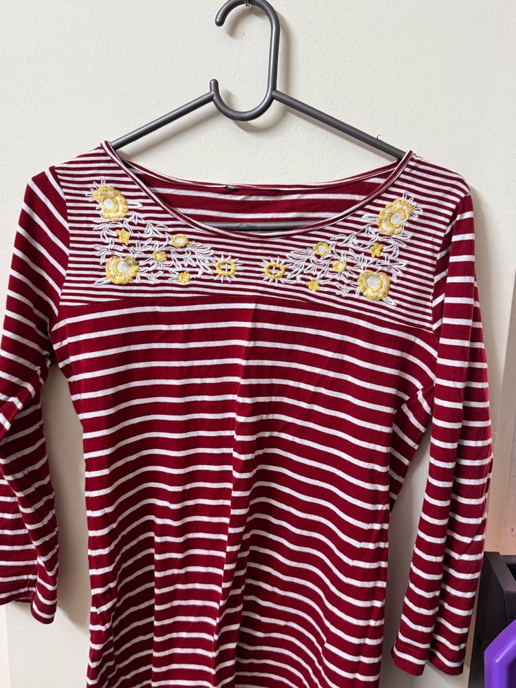 Red and White Striped Embroidered Top