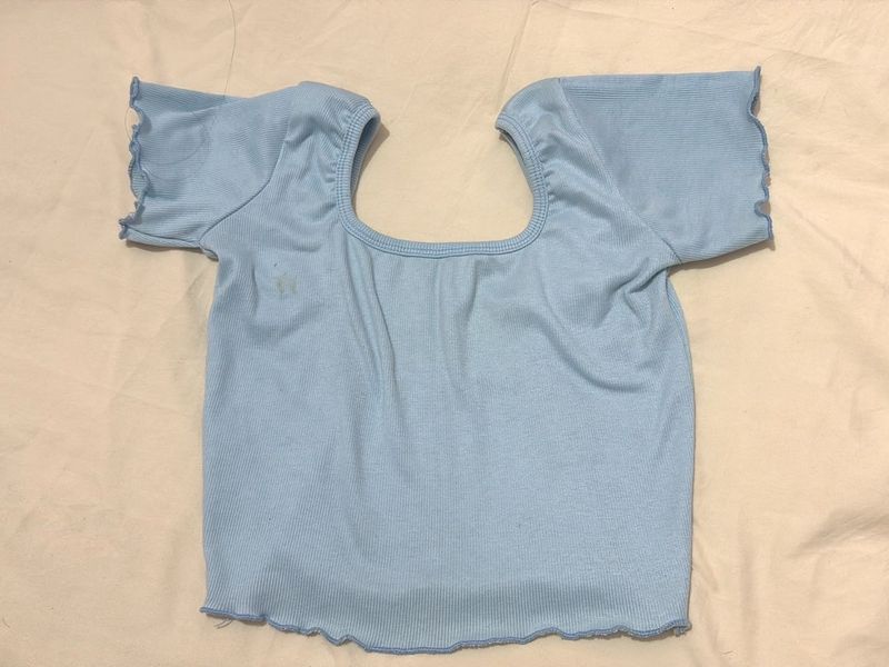 Baby Blue Lettuce Trim Crop Top