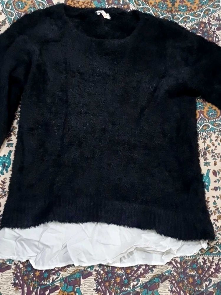 Fluffy Black Knit with White Hem