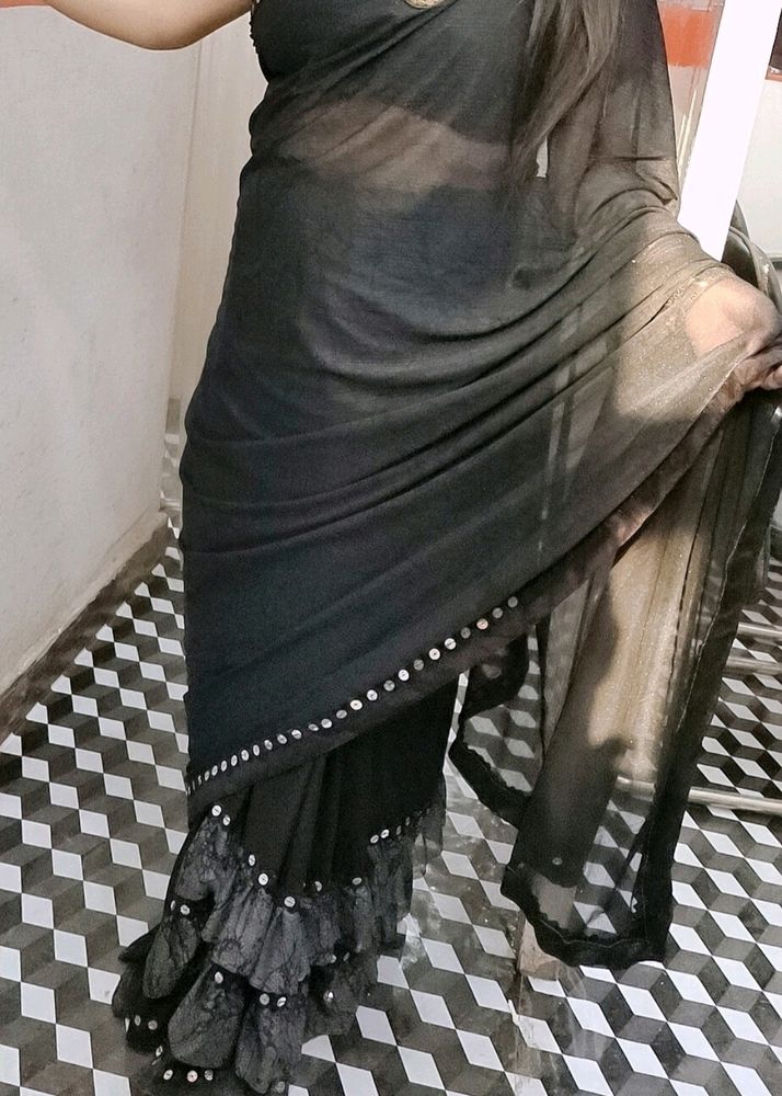 Black Frill Transparent Saree Very Beautiful With Blouse