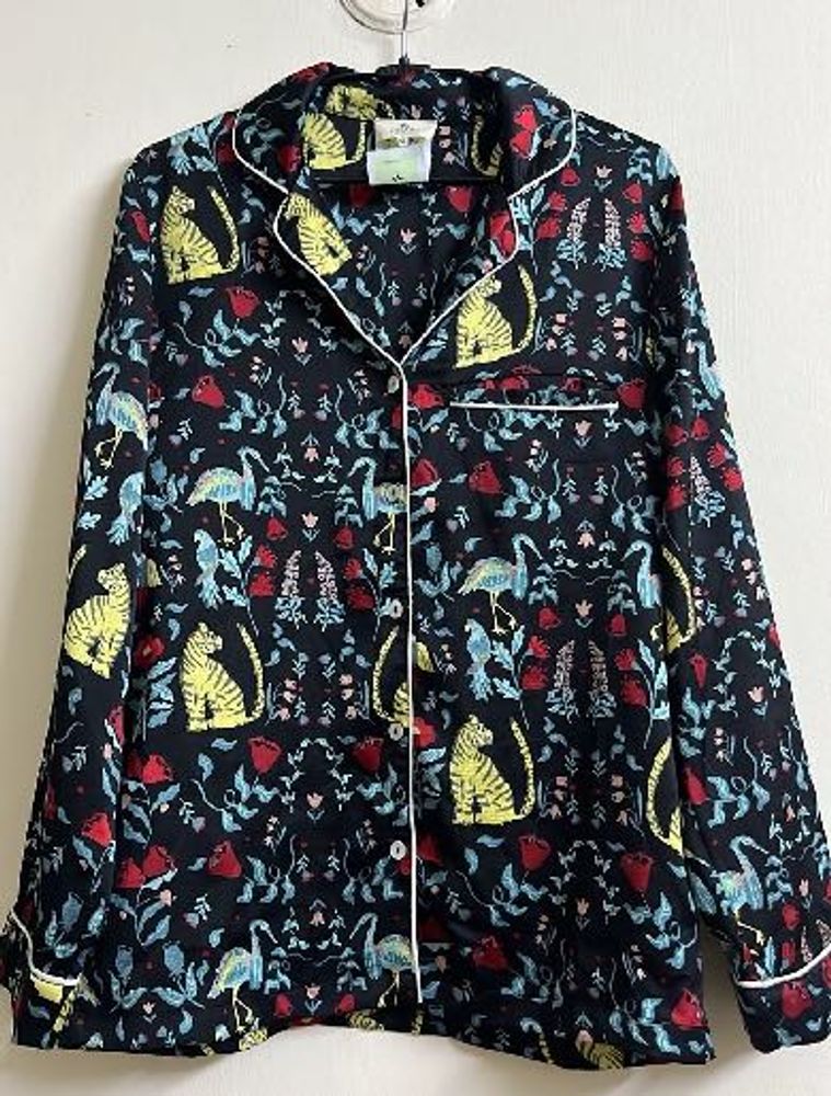 Whimsical Cat &amp; Crane Print Pajama Top