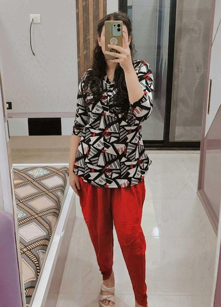 Stylish Printed Kurta with Red Pants