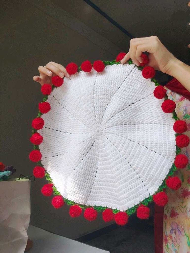 Handmade Crochet Doily with Pom Poms