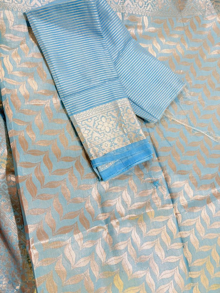 Sky Blue Saree with Picofall &amp; Unstitched Blouse