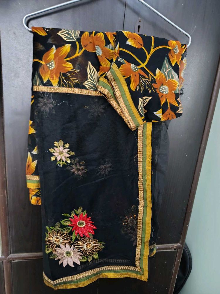 Elegant Floral Black Saree