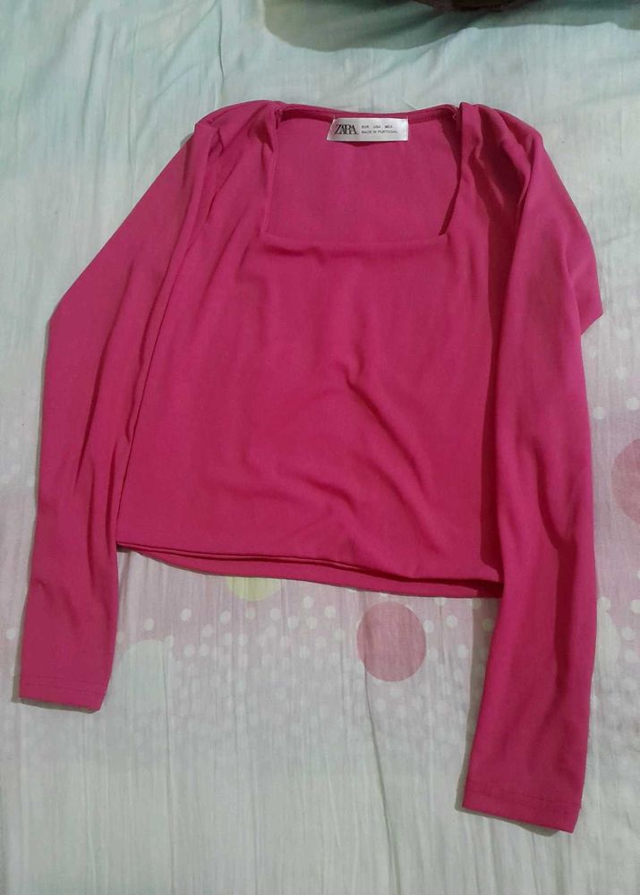 Zara Pink Long Sleeve Square Neck Top