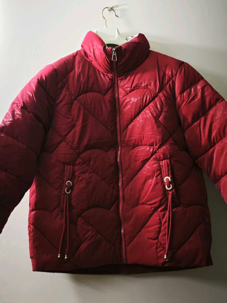Chic Red Puffer Jacket with Heart Quilt
