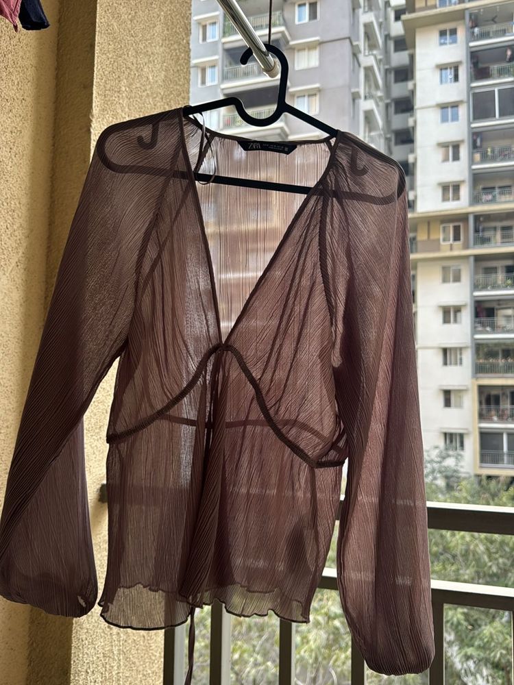 Zara Lace Shirt With Tie Detail
