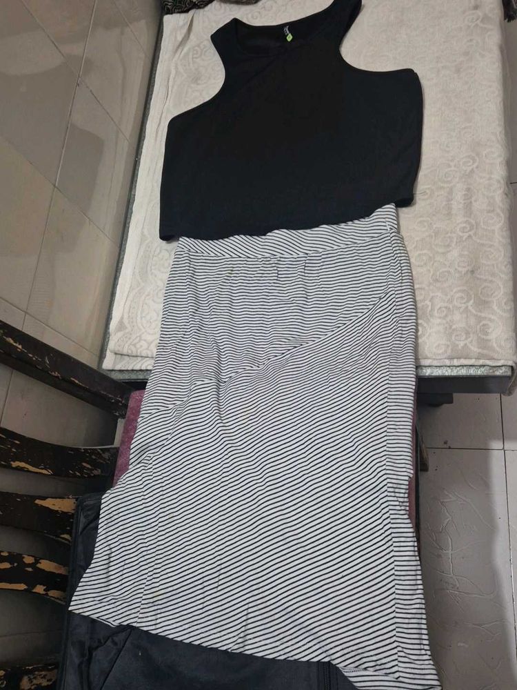 Black Top and Striped Skirt Dress