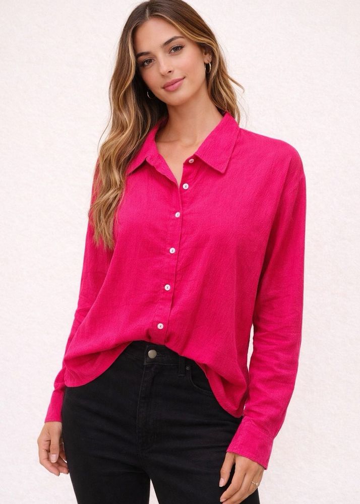 Vibrant Pink Linen Blend Button-Up Shirt