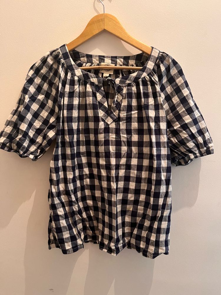 Gingham Print Puff Sleeve Top