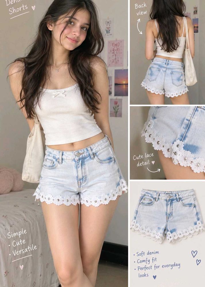 Cute Lace Trim Denim Shorts