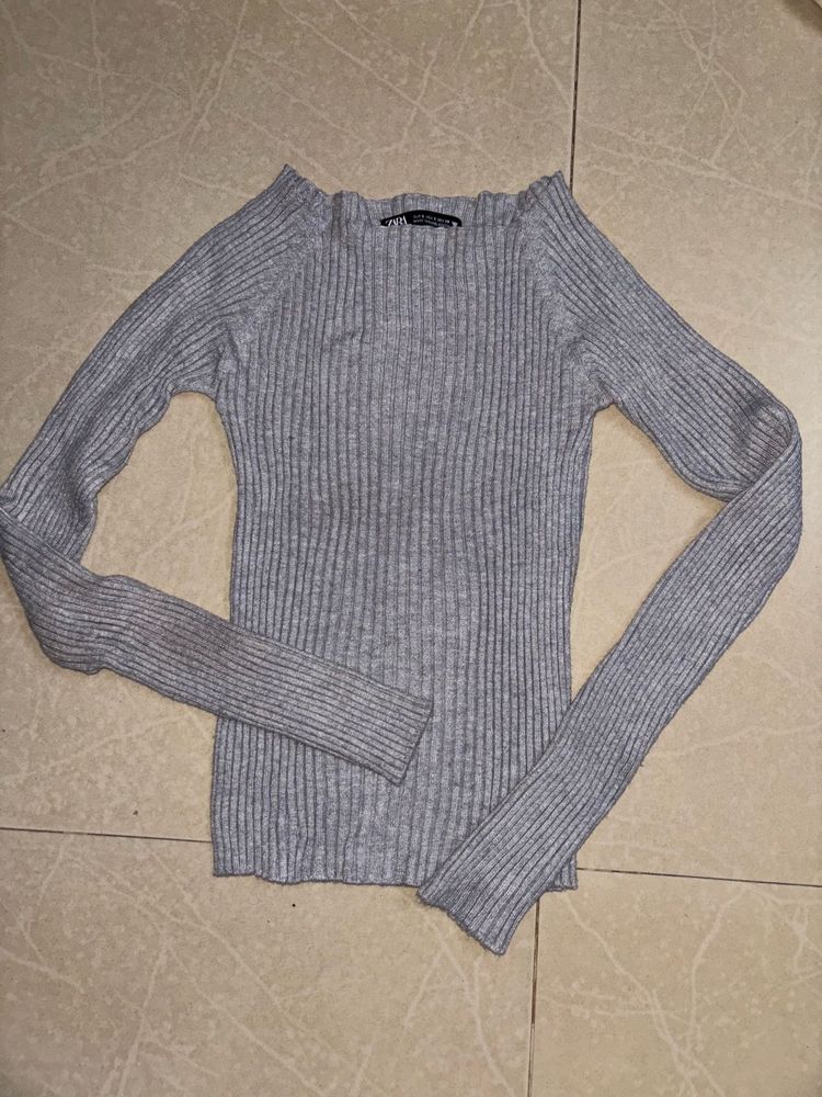 Zara Grey Ribbed Knit Sweater