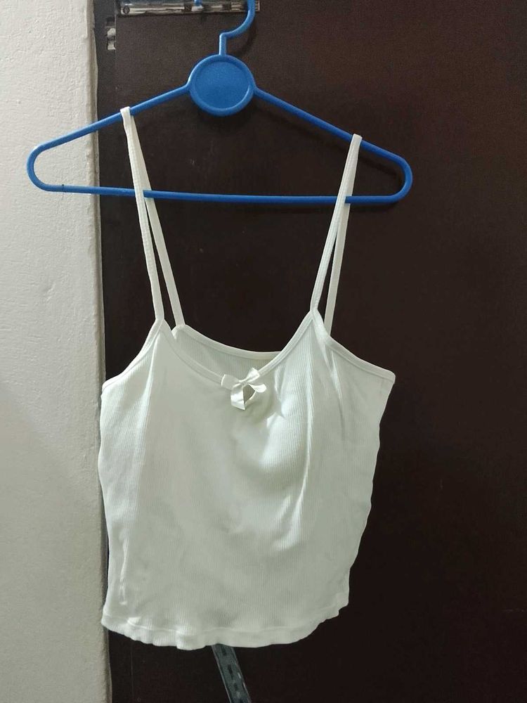 White Ribbed Crop Top with Bow Detail