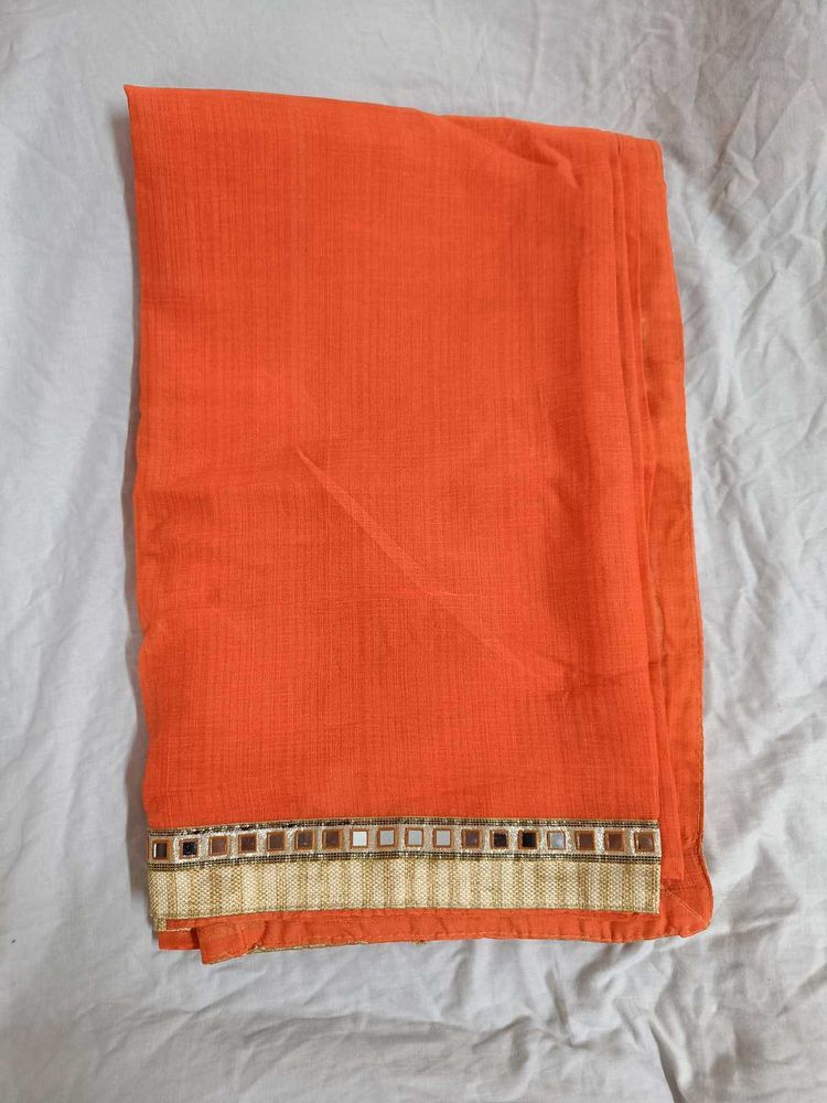 Vibrant Orange Saree with Mirror Work Border