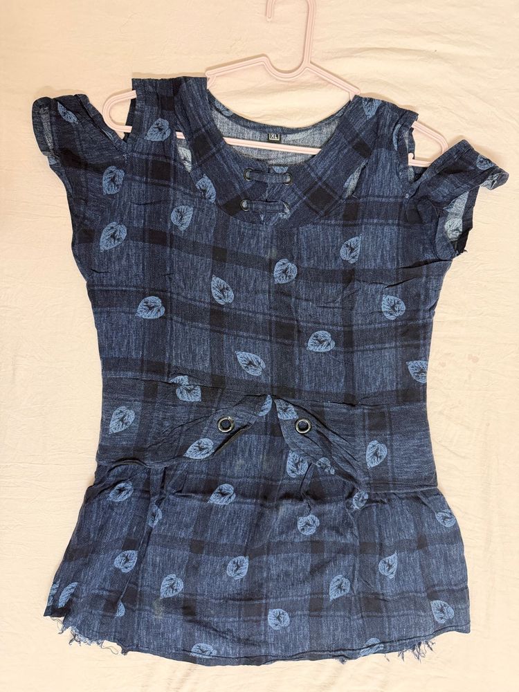 Blue Plaid Cold Shoulder Top