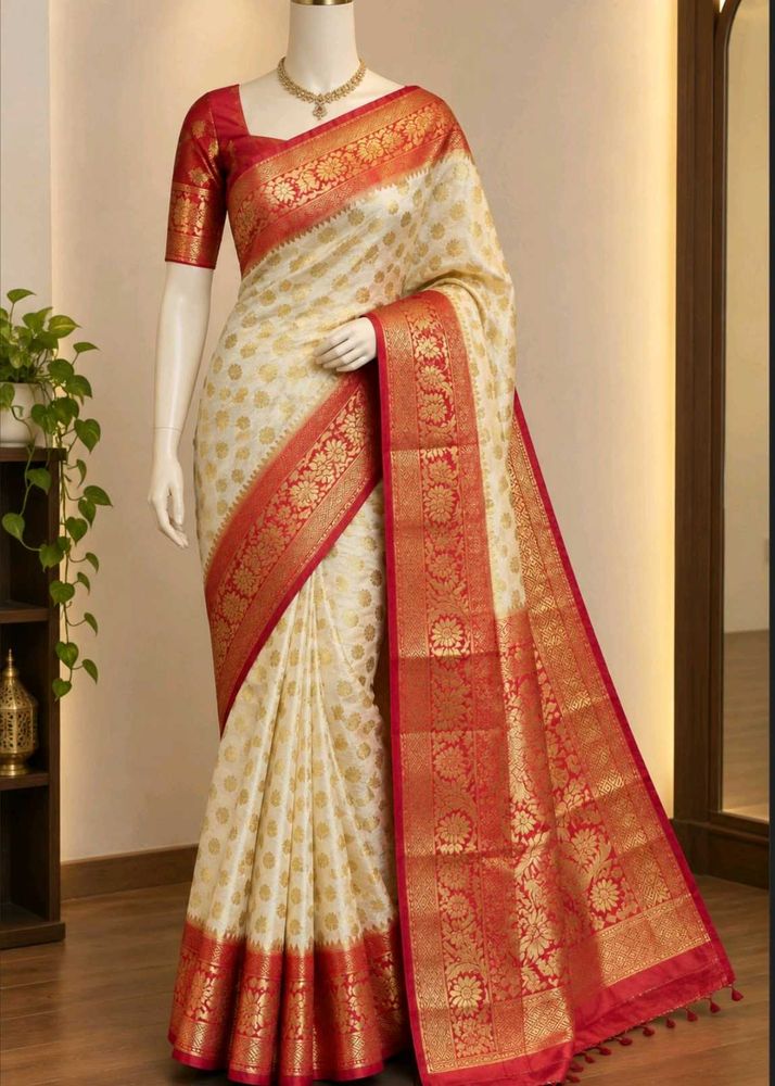 Elegant Cream &amp; Red Silk Saree