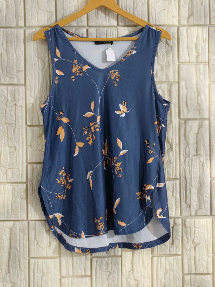Blue Floral Sleeveless V-Neck Top