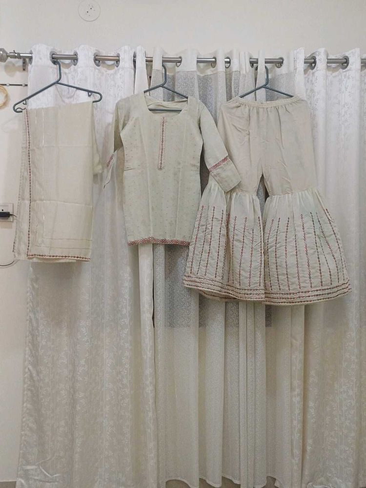 Cream Embroidered Set with Dupatta
