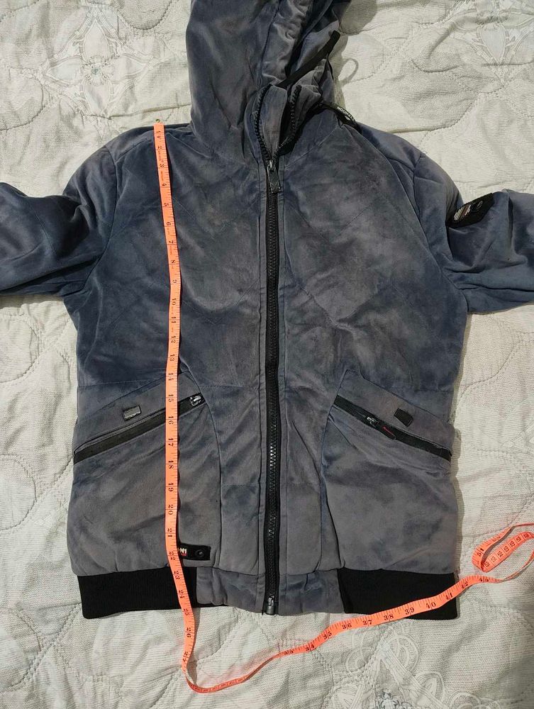 Men's Grey Velour Hooded Jacket